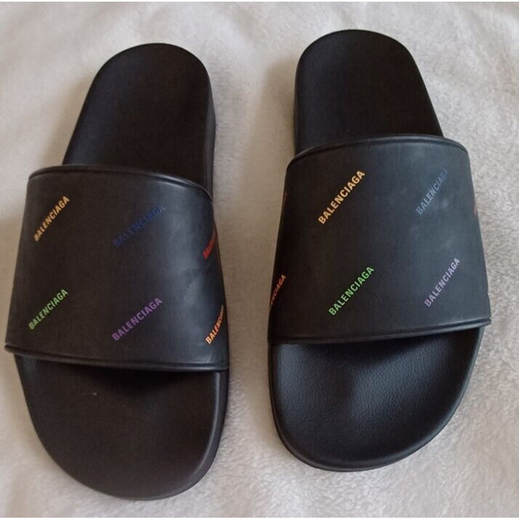 Balenciaga Pool Slides Men's Black Muti Colored Logo Pride US12 EU45 - Picture 3 of 10